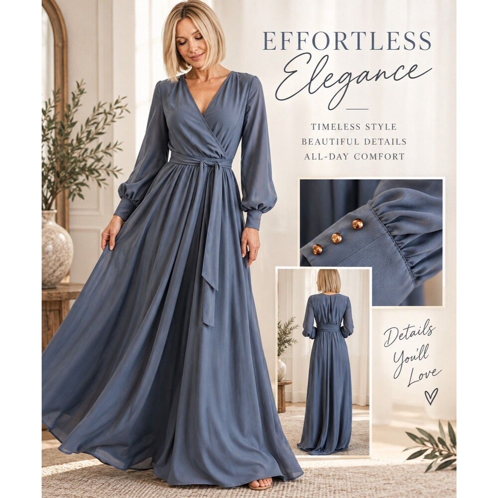 Baltic Born Blue Maxi Dress Large Wrap V Neck Long Sleeve Belted Wedding Guest